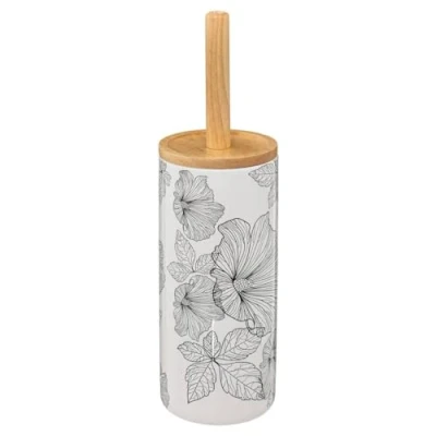 Afbeelding van WC /toiletborstel met houder rond wit/zwart hibiscus bloemen patroon zandsteen/bamboe 38 cm
