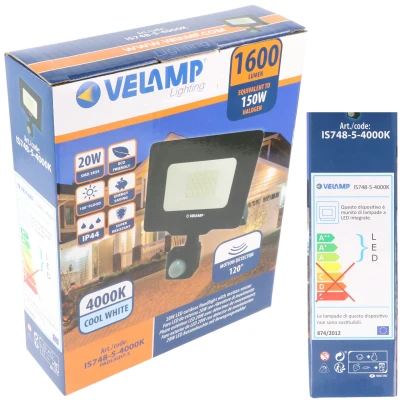 Afbeelding van Velamp PADLIGHT5, SMD 20W IP44 LED spot, zwart, 4000K. Met IR sensor.
