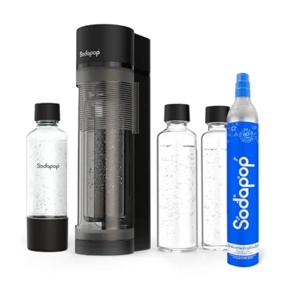 Afbeelding van Sodapop Logan Starterset met CO₂ cilinder, 2 glazen flessen (850 en 600 ml) 1 PET fles ml), mat zwart, hoogte 42,6 cm