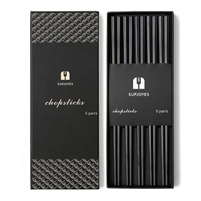 Afbeelding van Supjoyes Glasvezel eetstokjes herbruikbaar, 5 paar herbruikbare zwarte plastic Japans, vaatwasmachinebestendig hakstokjes 22,9 cm