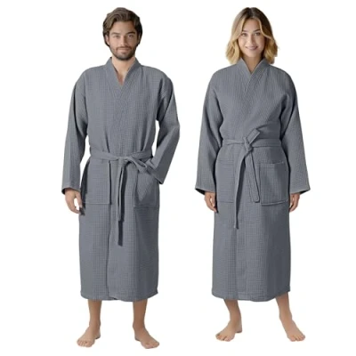 Afbeelding van HOMELEVEL Piqué Badjas Reizen 100% katoen voor Vrouwen en Mannen aankleden toga Kimono Saunarobe Piquee Wafel Antraciet Maat 3XL
