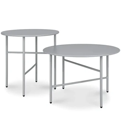 Afbeelding van bomoe Finn Set van 2 Ronde Bijzettafels Metaal Grjis Krasbestendig Tafelblad Ø 44cm &amp; Ø53cm Stabiel, Lichtgewicht Salontafel voor Binnen Buiten
