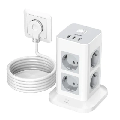 Afbeelding van TESSAN platte stekkerdoos, 8 weg meervoudig stopcontact met 3 USB, verlengkabel, stekker, 2 m, overspanningsbeveiliging, stopcontact, stekkertoren en schakelaar voor thuis