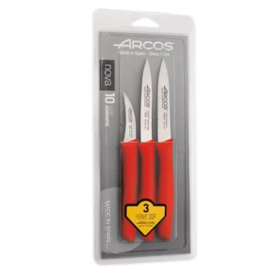 Afbeelding van ARCOS Set van 3 schilmessen, roestvrijstalen messen met ergonomische handgreep polypropyleen voor het snijden fruit, groenten en knollen. Nova serie, kleur rood.