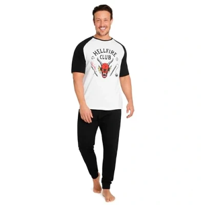 Afbeelding van Stranger Things Pyjama voor heren, lang, pyjamasets winter, katoen, nachtkleding maat tieners, volwassenen, M 3XL, Zwart/Wit