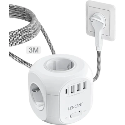 Afbeelding van LENCENT 3M Cube verlengkabel platte stekker 4 Europese stopcontacten, 3 USB en 1 type C, overspanning voor met schakelaar huis keuken kantoor gevlochten kabel
