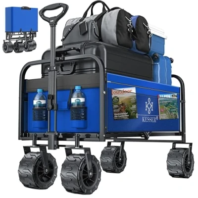 Afbeelding van KESSER® Opvouwbare transportwagen met brede banden van kunststof en 2 netvakken voor de tuin, blauw/grijs