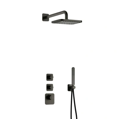 Afbeelding van Hotbath Gal Regendoucheset IBS40 Geborsteld Gunmetal PVD Staaf Handdouche 22cm Hoofddouche Wandarm met wandhouder