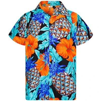 Afbeelding van King Kameha Funky Hawaïhemd voor heren, korte mouwen, voorzak, Hawaï print, ananas, palmen bloemen
