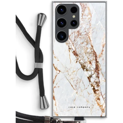 Afbeelding van Case Company® hoesje met Koord geschikt voor Samsung Galaxy S23 Ultra Goud marmer Telefoonhoesje Zwart Bescherming aan alle Kanten en Over de Schermrand