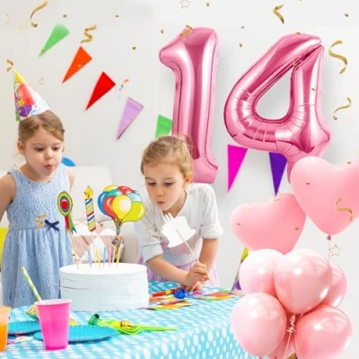 Afbeelding van Ballonnen verjaardag 14 roze 100 cm ballon cijfer 14, nummer Happy Birthday decoratie, ballonnen, verjaardagsfeest, jaren vliegen dankzij helium