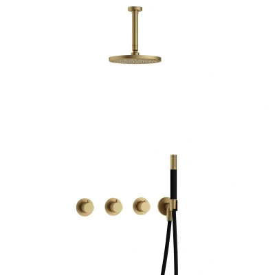 Afbeelding van Hotbath Cobber Regendoucheset IBS70 Geborsteld Messing Staaf handdouche 20cm Hoofddouche 15cm Plafondbuis Handouche met wandhouder