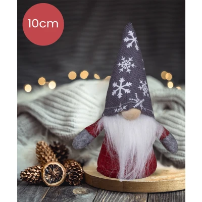 Afbeelding van Rood handgemaakt Gnoom mannetje met grijze muts en sneeuwvlokken 10(14)cm