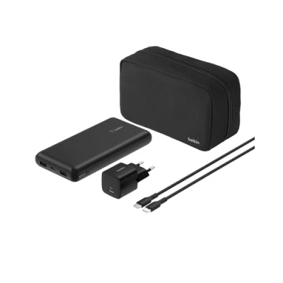 Image de Belkin BOOST CHARGE Banque d&#039;alimentation + adaptateur secteur 20000 mAh PD 3 connecteurs de sortie (24 pin USB C, 2 x USB) sur le câble : C Europe avec zippered pouch case