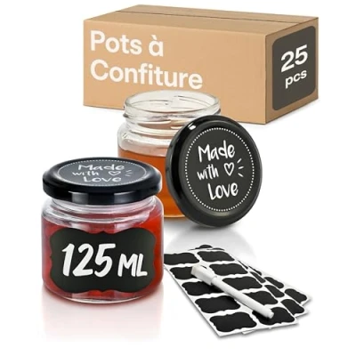 Afbeelding van 25 jampotten, klein, 125 ml met Labels en Pen luchtdicht vaatwasmachinebestendig ideaal als cadeau