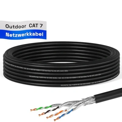 Afbeelding van HB DIGITAL Cat 7 LAN netwerkkabel, 10 m, AWG23 S/FTP, dubbel afgeschermd, PIMF zuiver koper, 1000 MHz/10 Gbits, netwerkinstallatie, ethernetdatakabel voor buiten, zwart