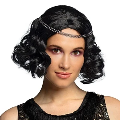 Afbeelding van Boland Pruik Flapper Zwart Krullen Halflang Vrouwen Charleston 20&#039;s Roaring Twenties