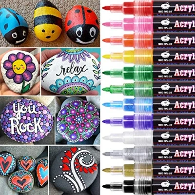 Afbeelding van WONSAR Marker, acrylverf, waterdicht, markers voor steenschilderen, stenen, keramiek, porselein, glas, kiezelstenen, stof, hout, kinderen, canvas (12 fijne penpunten)
