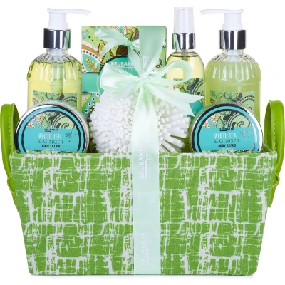 Afbeelding van BRUBAKER Cosmetics Bad en Body Set Witte Thee Gember Geur Cadeautip Vrouw Cadeau Idee 9 delige Cadeauset in Mandje Moederdag cadeautje