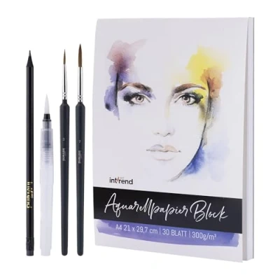 Afbeelding van int!rend Aquarelpapier, 300 g, DIN A4, 30 vellen, wit, gelijmd, aquarelpapierblok, Watercolour Paper Pad, incl. watertankborstel, twee penselen, potlood schilderpad papier voor tekenen, schilderen