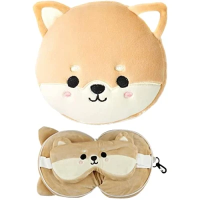 Afbeelding van Kawaii Plushie Shiba reiskussen met slaapmasker Releaxeazz