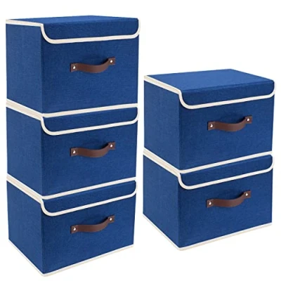Afbeelding van 5 stuks opvouwbare opbergdozen met deksel, dozijn voor kleding, speelgoed, rek, klassiek blauw