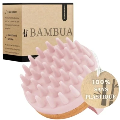 Afbeelding van BAMBUA hoofdmassage borstel (anti roos effect) voor tijdens het douchen Premium Scalp Massager &quot;Gezonde hoofdhuid&quot; (roze)