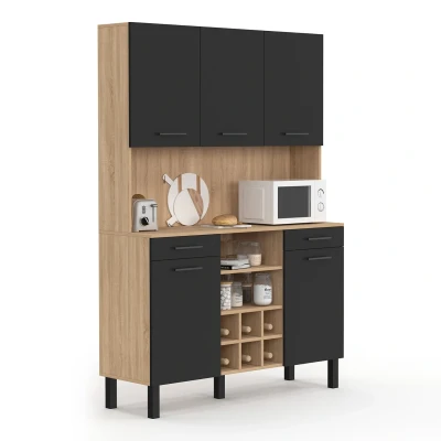 Image de Buffet de cuisine 120 CM CINA 5 portes + tiroirs range bouteilles façon hêtre et noir IDMarket