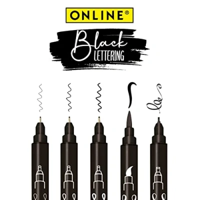 Afbeelding van ONLINE Zwarte handlettering set, 5 kalligrafiestiften in zwart, met penseelpen, liner punt en kalligrafiepunt, pennen voor Bullet Journal, schoolnotities doe het zelf geschenken