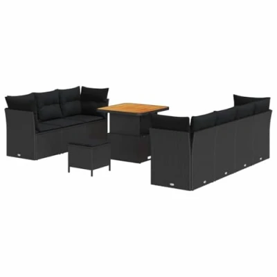 Afbeelding van vidaXL 10 Delige Tuin Sofa Set met Kussens Zwart Poly Rattan Acacia, 3 Eetset Acacia