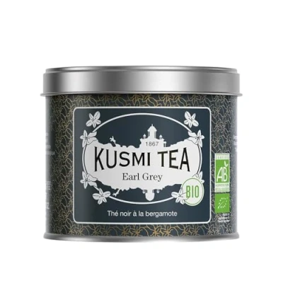 Image de Kusmi Tea Earl Grey Bio Thé Noir Biologique Aromatisé à l&#039;Huile Essentielle de Bergamote Boîte Métal 100g Quantité pour environ 50 Tasses