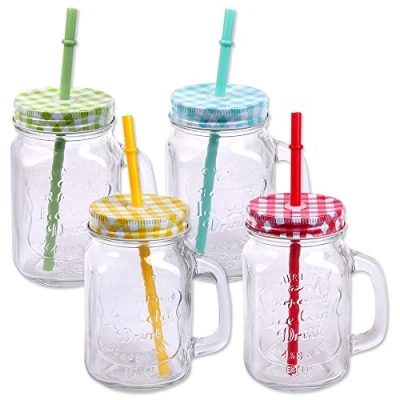 Afbeelding van Drinkglazen met deksel, handvat en Herbruikbaar rietje (iii) Glas Drinkglas Cocktail Ca. 500ml Set van 4
