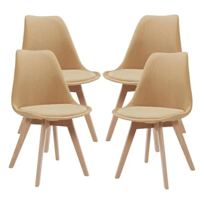 Afbeelding van [en.casa] Set van 4 eetkamerstoelen met comfortabele en gevoerde zitting, Scandinavische woonkamerstoel, robuuste constructie, kunststof hoes, corduroy, beuken, 82 x 49 54 cm, mosterdgeel