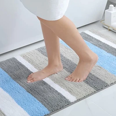 Afbeelding van Antislip badkamertapijt, zacht, hoogpolig, microvezel, badmat, absorberend, wasbaar, 60 x 120 cm, blauw/grijs