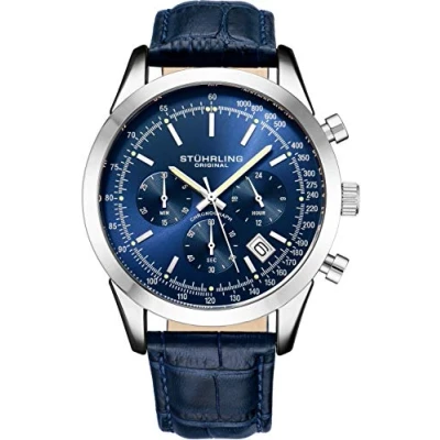 Afbeelding van Stührling Rialto 3975L Quartz 44mm Chronograaf Horloge Blauwe Wijzerplaat / zilveren Kast Leren Band Tang Gesp Waterbestendig 10 ATM van Alligator geprint Leer