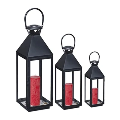 Afbeelding van Relaxdays Lantaarn set van 3 windlicht metaal glas kaarslantaarn modern zwart