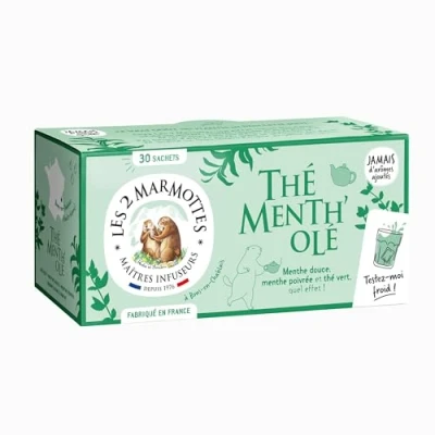 Image de Les 2 Marmottes Thé Menth&#039;olé vert 100% BIO à la menthe douce et poivrée Vitalité Fraicheur Pour Le Petit Déjeuner Froid ou Chaud Made In France Sans arômes ajoutés 45g