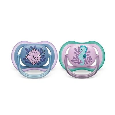 Afbeelding van Philips Avent Ultra Air Fopspeen 6 tot 18 Maanden 2 Speentjes Blauw/Roze Vis/Zeepaard SCF085/61