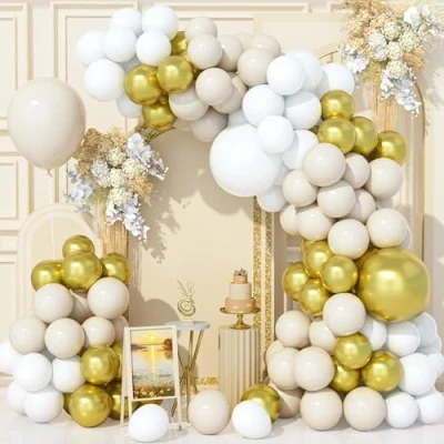 Afbeelding van Teselife 136 stuks witte en gouden ballonnenboogset, beige, zand, wit, goud, metallic, voor verjaardag, babyshower, bruiloft, carnaval, feestdecoraties