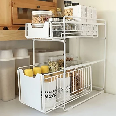 Afbeelding van Drumm Opberglade met 2 etages, organizer onder de gootsteen, afneembare uittrekbare manden van metaal, kruidenhouder voor keuken, badkamer, kantoor (37,4 x 26,5 44 cm, wit, stuks)