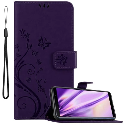 Afbeelding van Cadorabo Hoesje geschikt voor Samsung Galaxy A7 2018 in BLOEMEN DONKER PAARS Beschermhoes bloemmotief met magnetische sluiting, standfunctie en kaartsleuven Book Case Cover Etui
