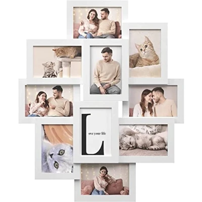 Afbeelding van SONGMICS Fotolijst, wandbevestiging, voor 10 foto&#039;s van x 15 cm foto&#039;s, MDF paneel, montage nodig, wit RPF20WT