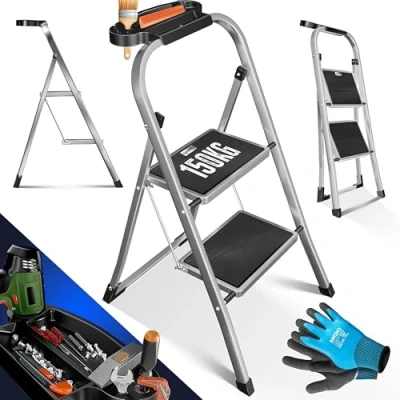 Afbeelding van MASKO® Vouwladder, 2 treden, belastbaar tot 150 kg, antislip, trapladder met handschoenen, gereedschapslade en automatisch slot, grijs