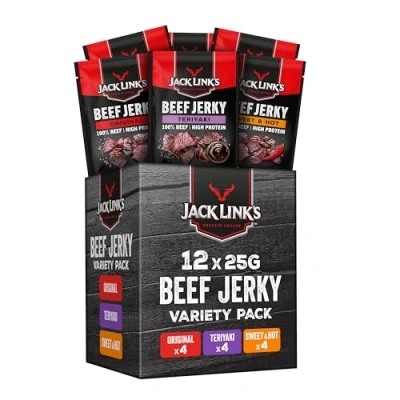 Image de Jack Link&#039;s Links Beef Jerky Mixed Case Lot de 12 boîtes (12 x 25 g) Viande sèche riche en protéines bœuf déshydratée haute protéine 3 variantes