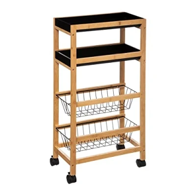 Afbeelding van 5Five Keukentrolley lichtbruin/zwart 4 laags D22 x B40 H83 cm bamboe/kunststof/metaal