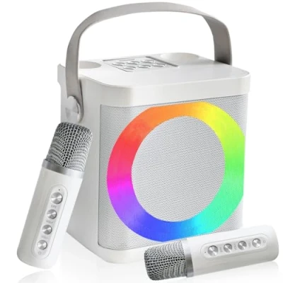 Afbeelding van Karaoke machine, draagbare Bluetooth luidspreker voor volwassenen en kinderen, met 2 draadloze microfoons dynamische lichten, thuisfeesten, vergaderingen, wit