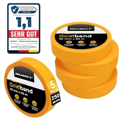 Afbeelding van HASKYY Goldband afplakband, 5 stuks, 30 mm x 50 m, professionele kwaliteit, washi, goudkleurig