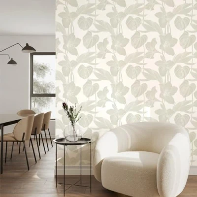 Afbeelding van Papier peint intissé pré encollé TROPICAL FLEURS ET FEUILLES GRISES 1 rouleau de 300x60cm