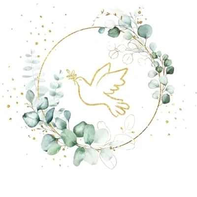 Afbeelding van Set van 20 servetten gouden duif rond witte eucalyptus bruiloft vrede liefde hoop knutselen decoupage servetechniek tafeldecoratie 33 x cm
