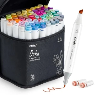 Afbeelding van Ohuhu Alcoholvilt, 80 kleuren kunstmarkers met dubbele punt en fijne voor schilderillustraties, inkt op alcoholbasis, markeeretui, serie Oahu